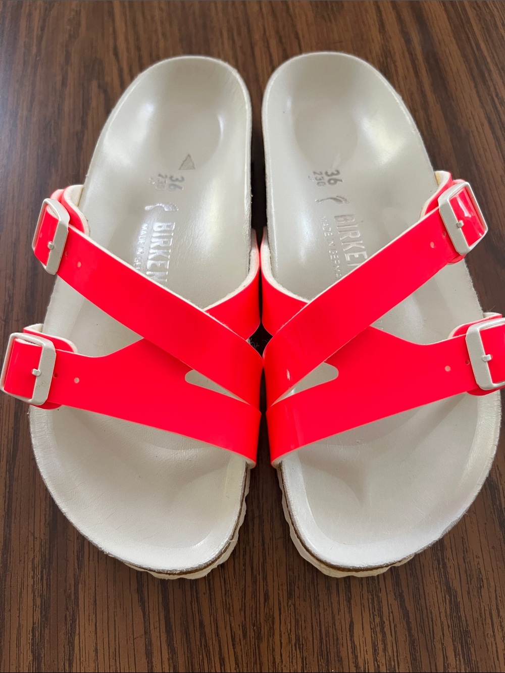 Birkenstock Women’s Neon Coral Two-Strap Slide Sandals